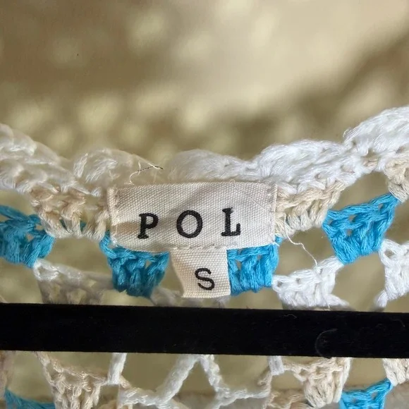 POL OS Crochet Granny Square Duster Cardigan Blue White Fringe Boho Coverup Y2K - Picture 9 of 10